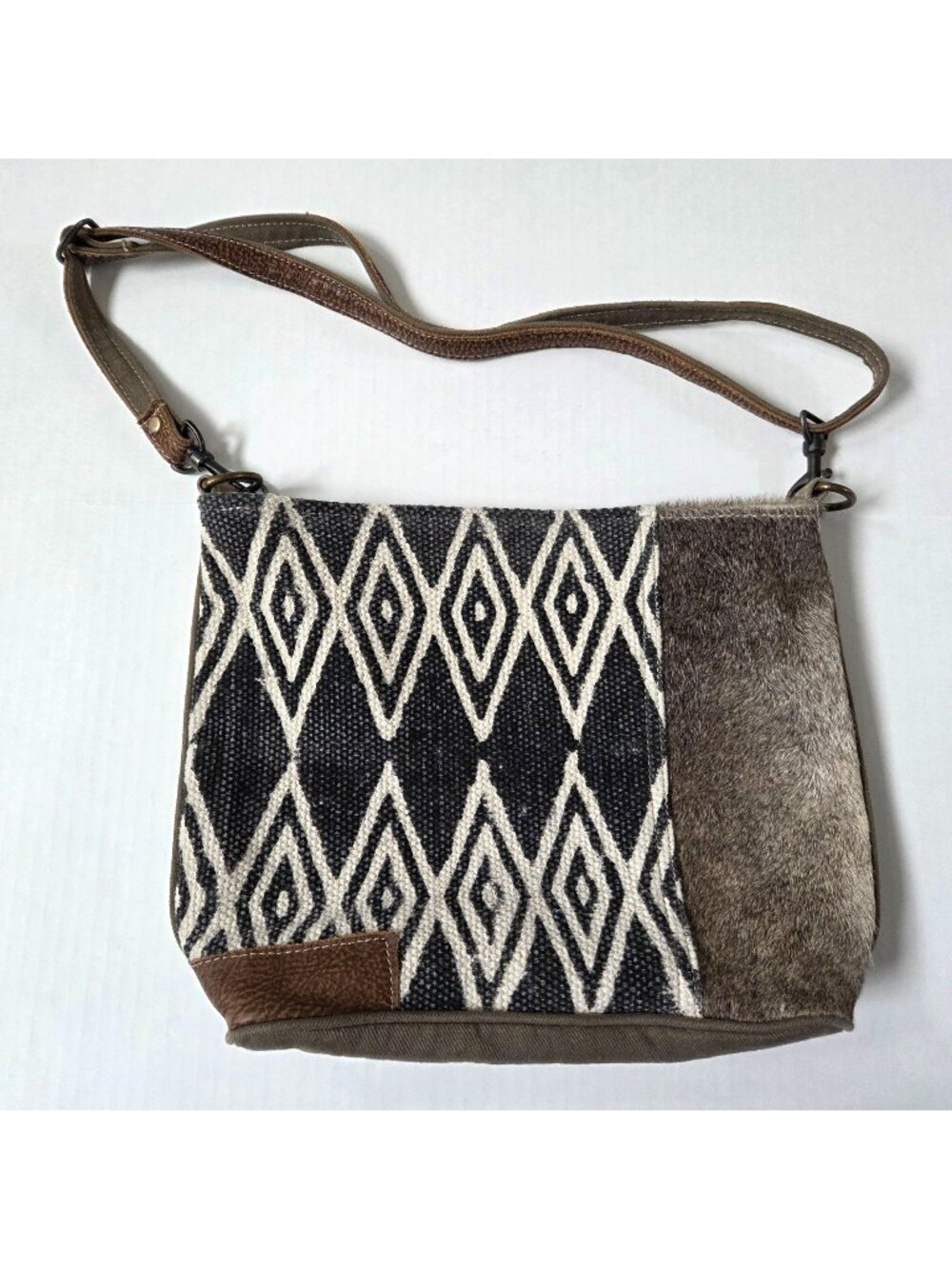 Myra Bag Green Canvas Cowhide Shoulder Crossbody Purse Aztec Boho Festival